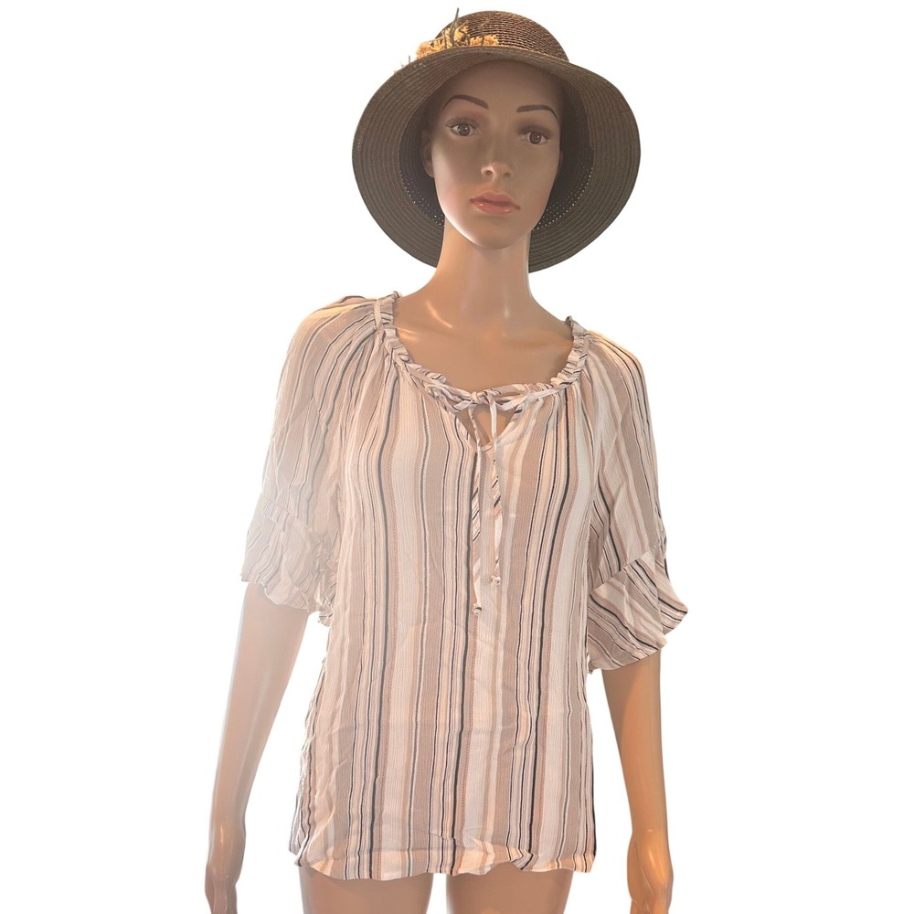 AB‎ Studio Womens Large Tan Striped Ruffle Tie Neck Flutter Sleeve Rayon Blouse